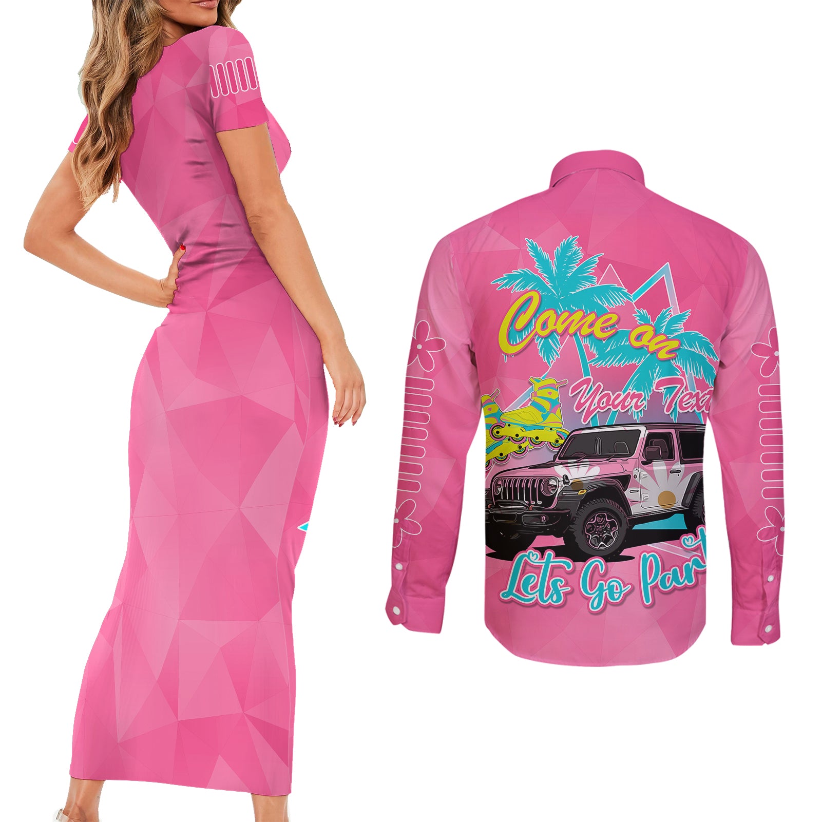 personalised-jeep-girl-couples-matching-short-sleeve-bodycon-dress-and-long-sleeve-button-shirts-doll-pink-party
