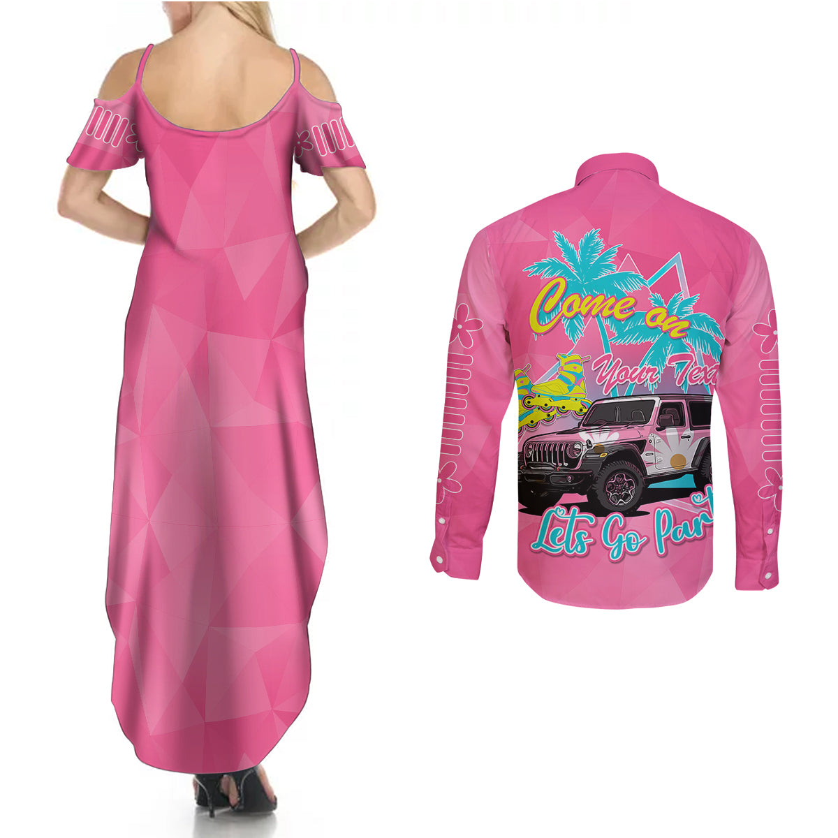 personalised-jeep-girl-couples-matching-summer-maxi-dress-and-long-sleeve-button-shirts-doll-pink-party