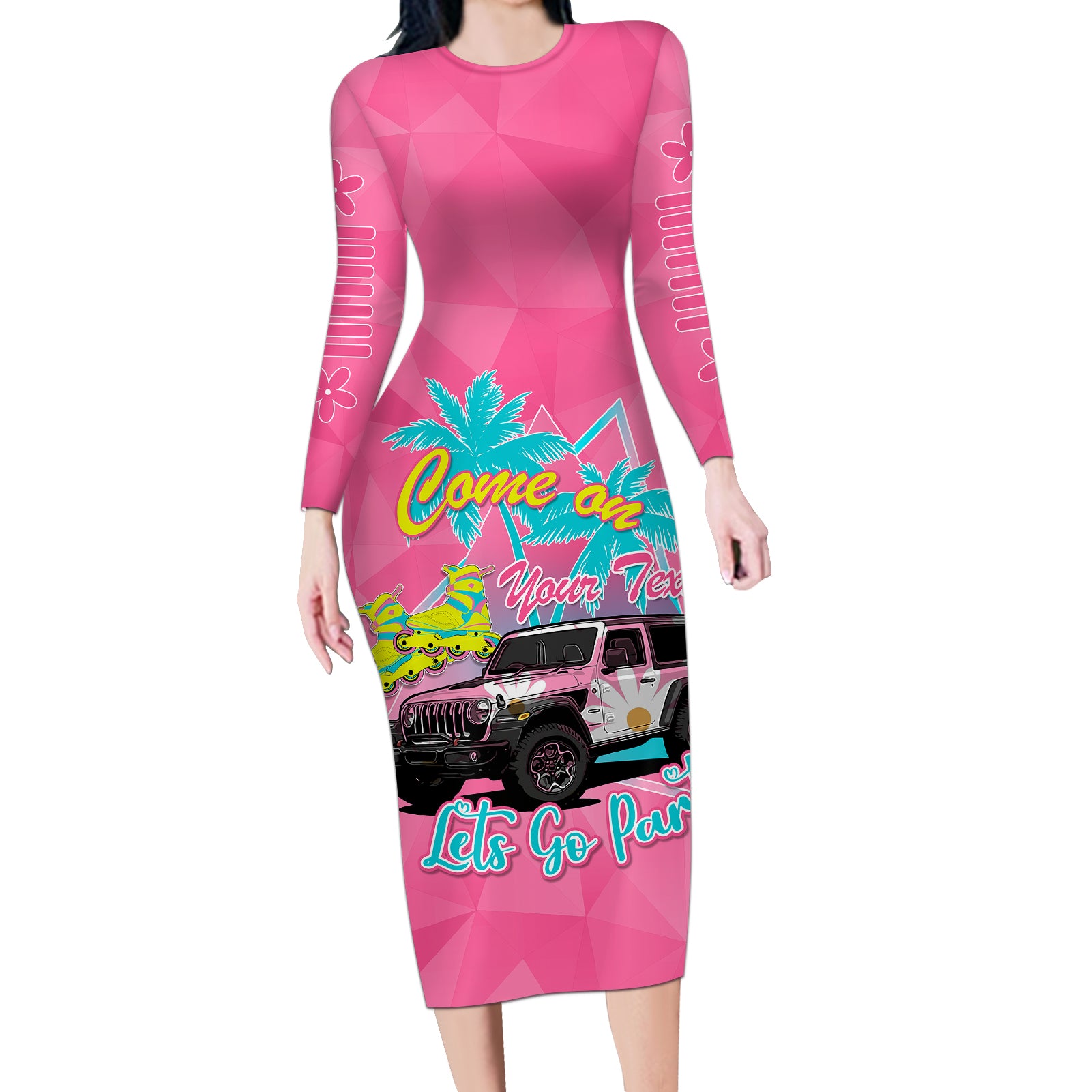 personalised-jeep-girl-long-sleeve-bodycon-dress-doll-pink-party