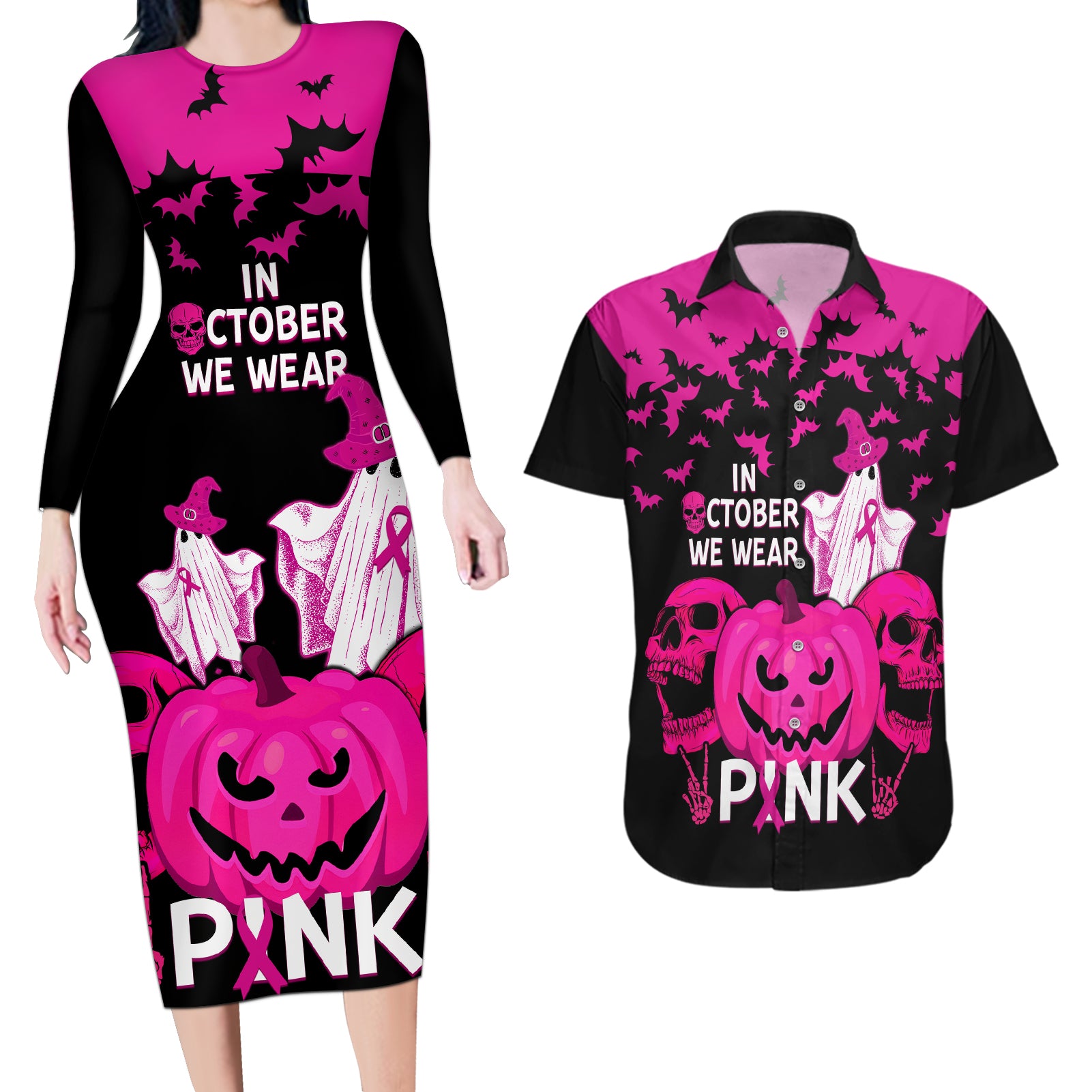 in-october-we-wear-pink-breast-cancer-couples-matching-long-sleeve-bodycon-dress-and-hawaiian-shirt-halloween-skull-with-pumkin-black-version