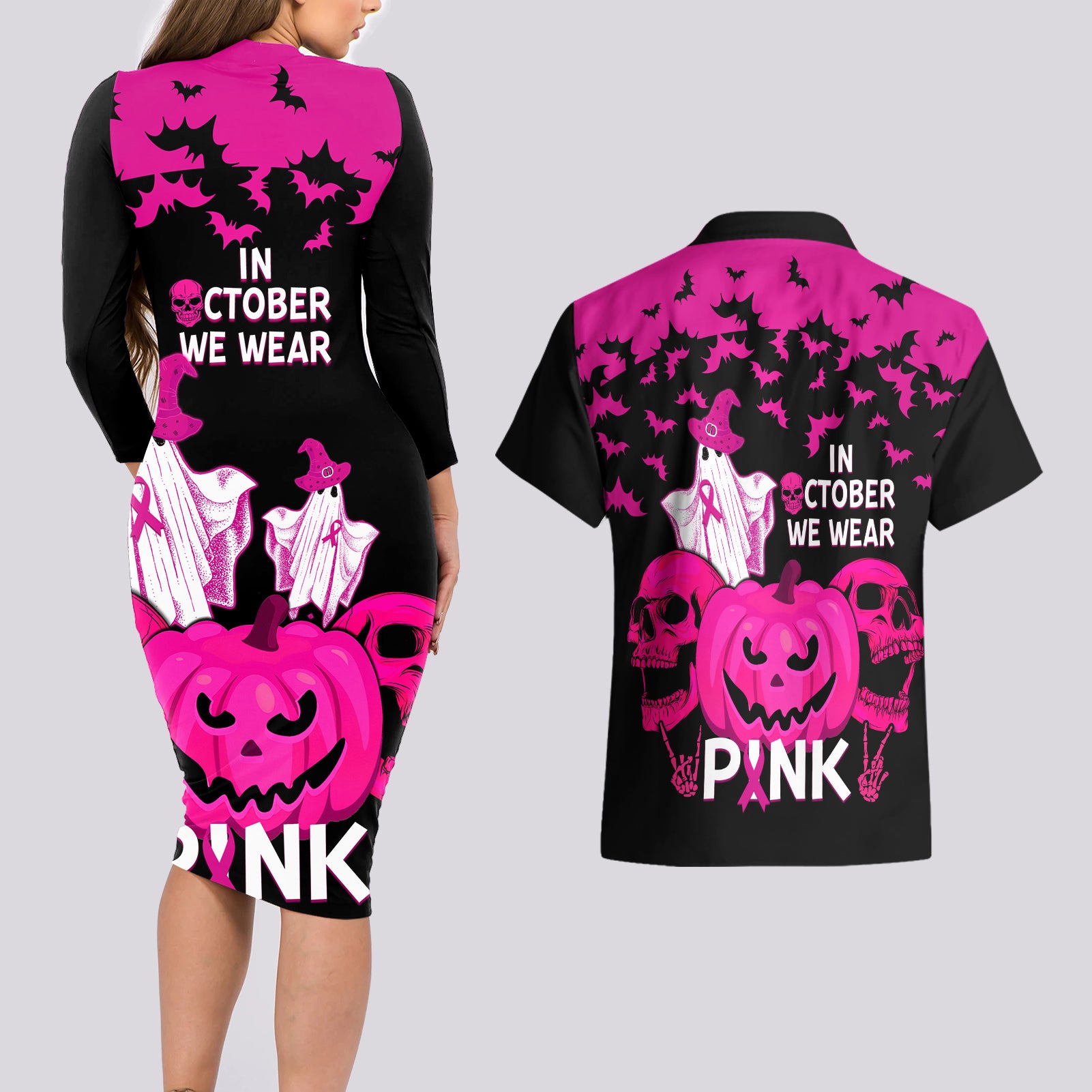 in-october-we-wear-pink-breast-cancer-couples-matching-long-sleeve-bodycon-dress-and-hawaiian-shirt-halloween-skull-with-pumkin-black-version