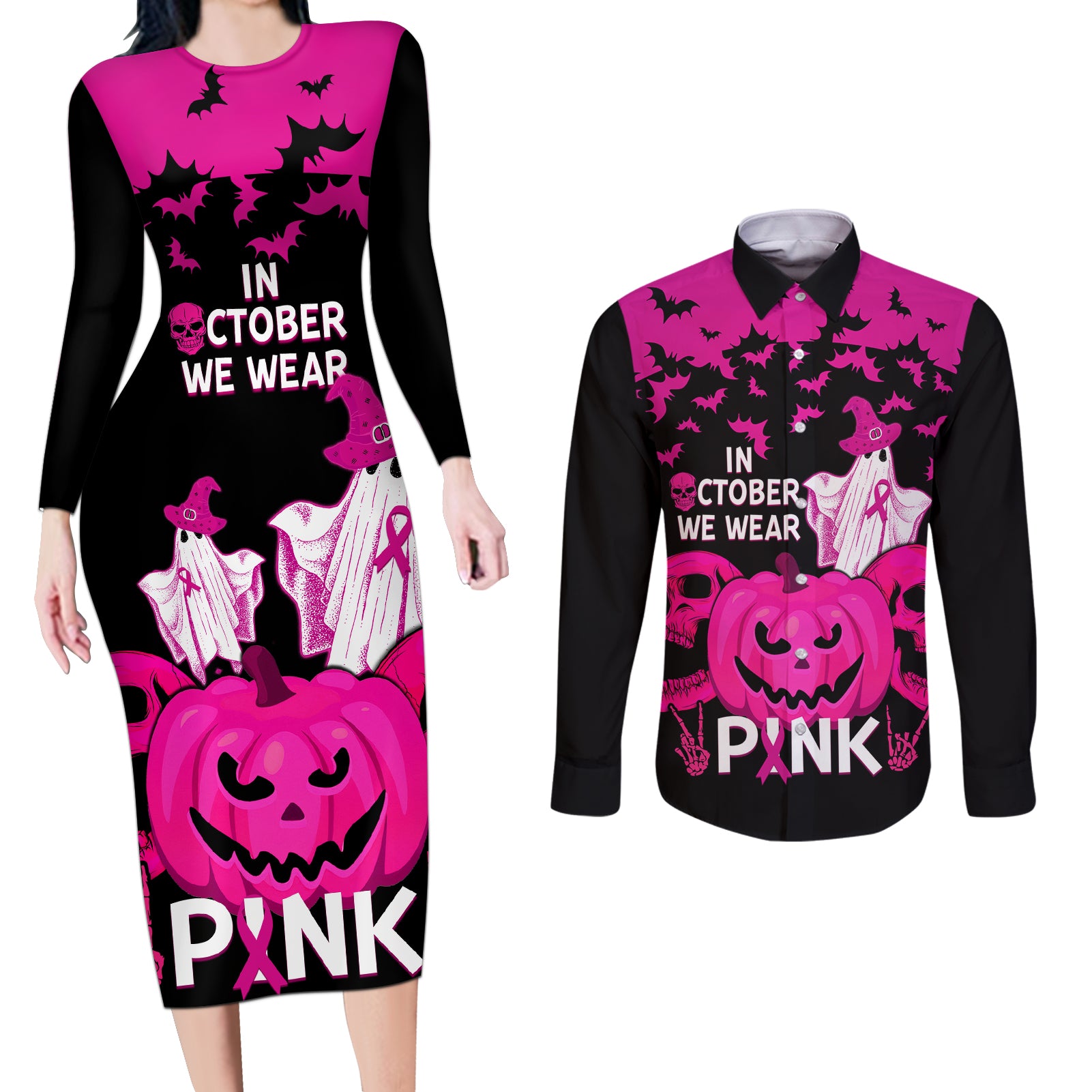 in-october-we-wear-pink-breast-cancer-couples-matching-long-sleeve-bodycon-dress-and-long-sleeve-button-shirts-halloween-skull-with-pumkin-black-version