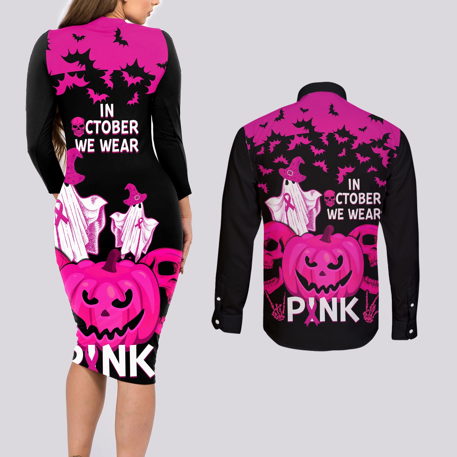 in-october-we-wear-pink-breast-cancer-couples-matching-long-sleeve-bodycon-dress-and-long-sleeve-button-shirts-halloween-skull-with-pumkin-black-version