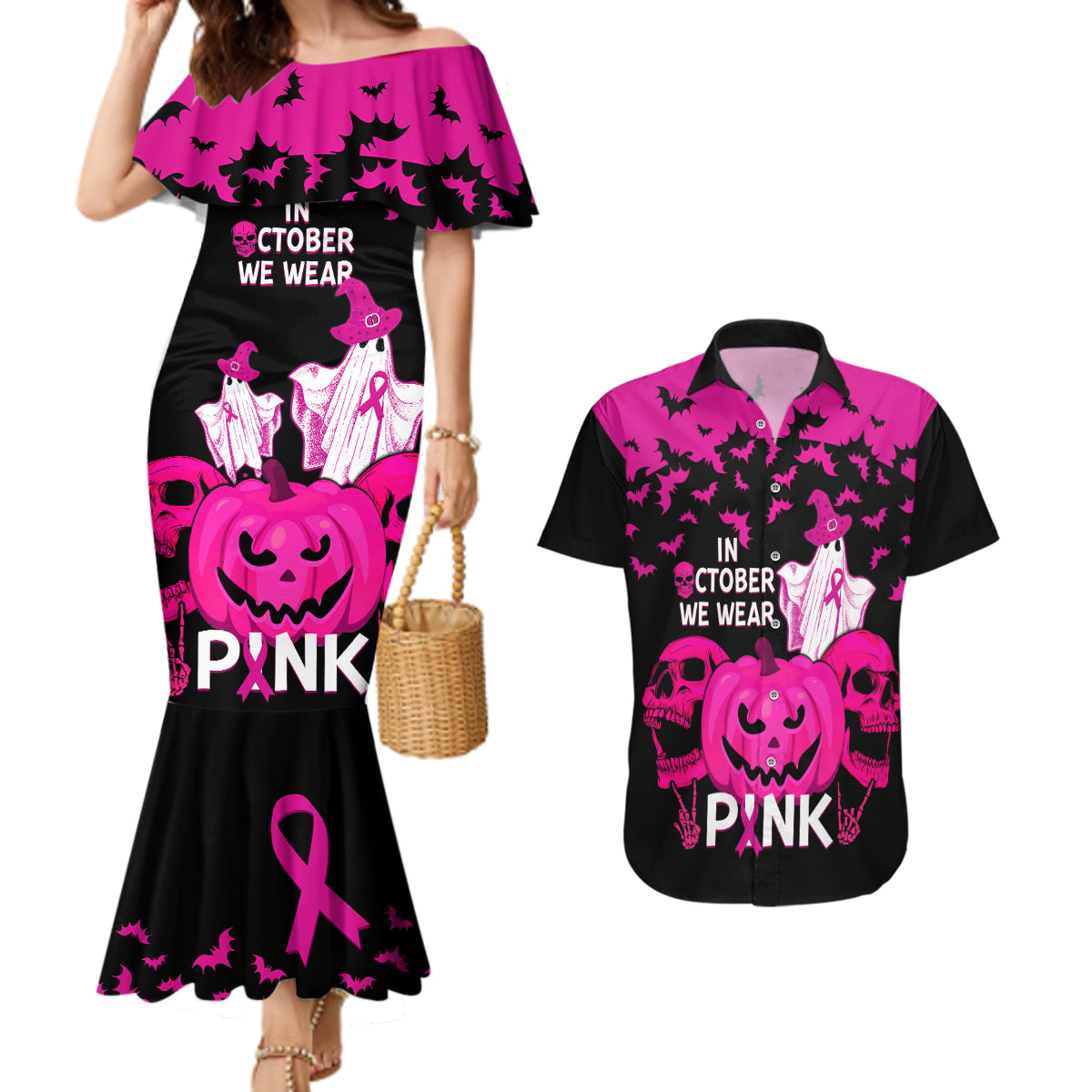 in-october-we-wear-pink-breast-cancer-couples-matching-mermaid-dress-and-hawaiian-shirt-halloween-skull-with-pumkin-black-version