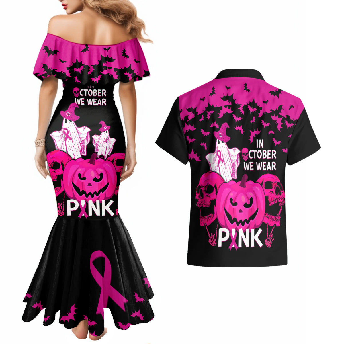 in-october-we-wear-pink-breast-cancer-couples-matching-mermaid-dress-and-hawaiian-shirt-halloween-skull-with-pumkin-black-version