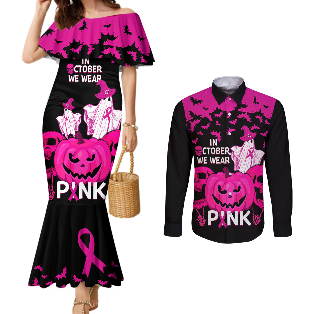 in-october-we-wear-pink-breast-cancer-couples-matching-mermaid-dress-and-long-sleeve-button-shirts-halloween-skull-with-pumkin-black-version