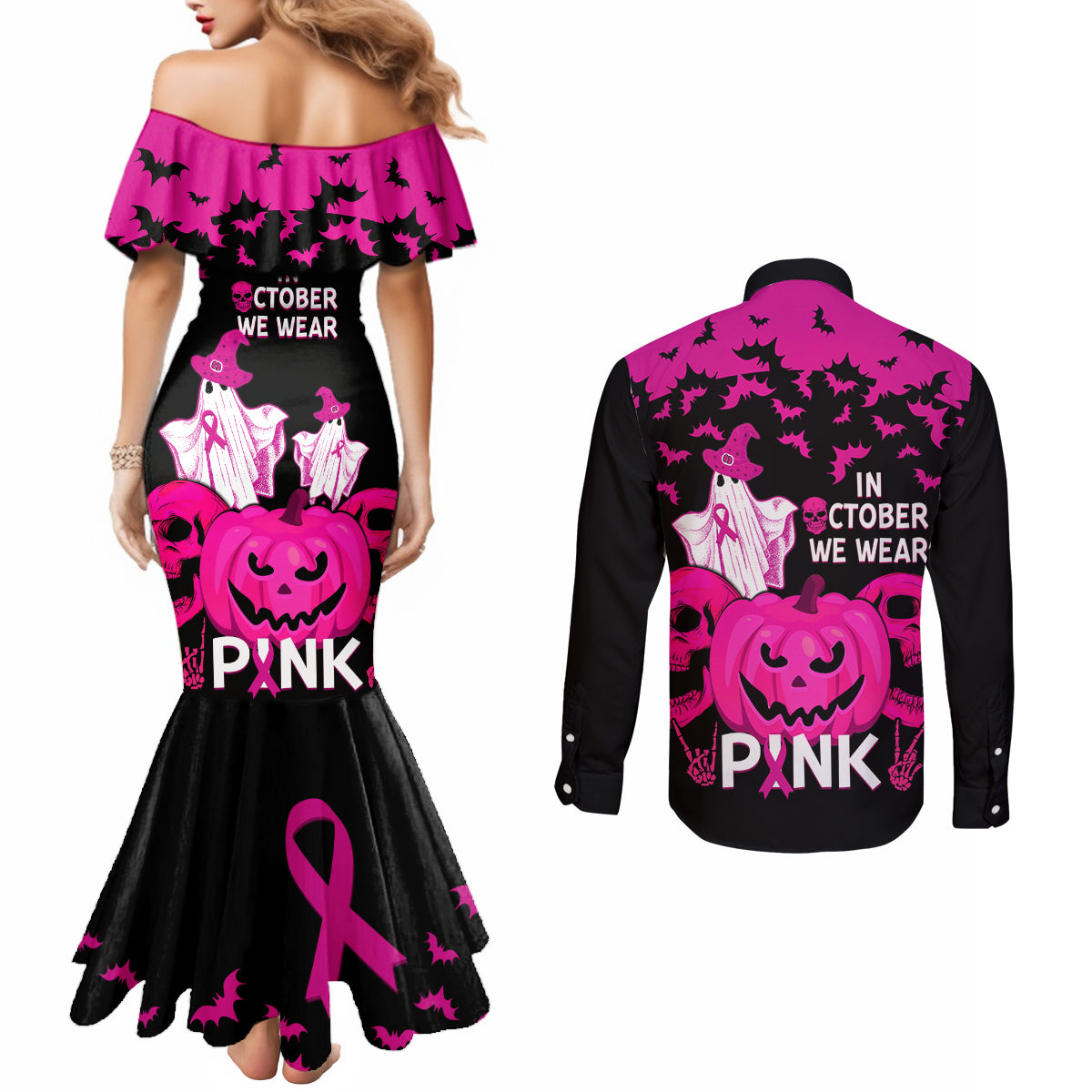 in-october-we-wear-pink-breast-cancer-couples-matching-mermaid-dress-and-long-sleeve-button-shirts-halloween-skull-with-pumkin-black-version