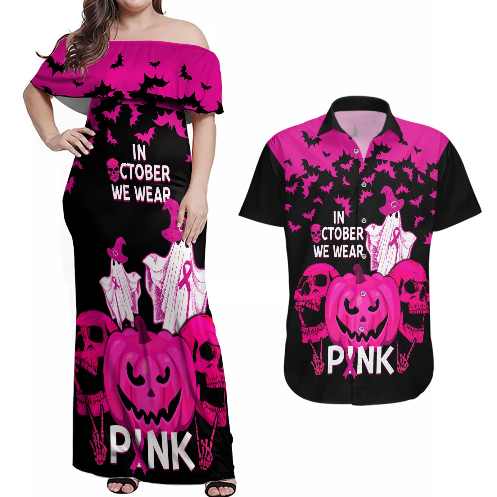 in-october-we-wear-pink-breast-cancer-couples-matching-off-shoulder-maxi-dress-and-hawaiian-shirt-halloween-skull-with-pumkin-black-version