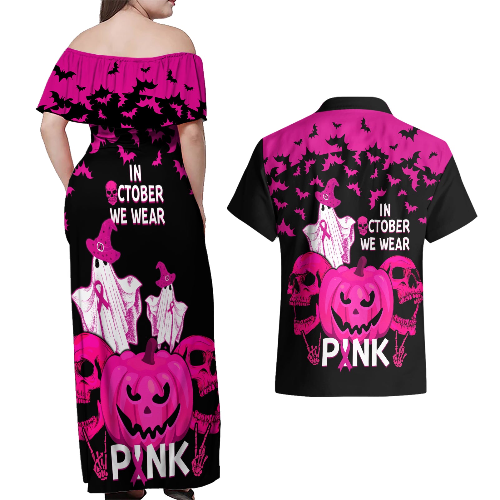 in-october-we-wear-pink-breast-cancer-couples-matching-off-shoulder-maxi-dress-and-hawaiian-shirt-halloween-skull-with-pumkin-black-version