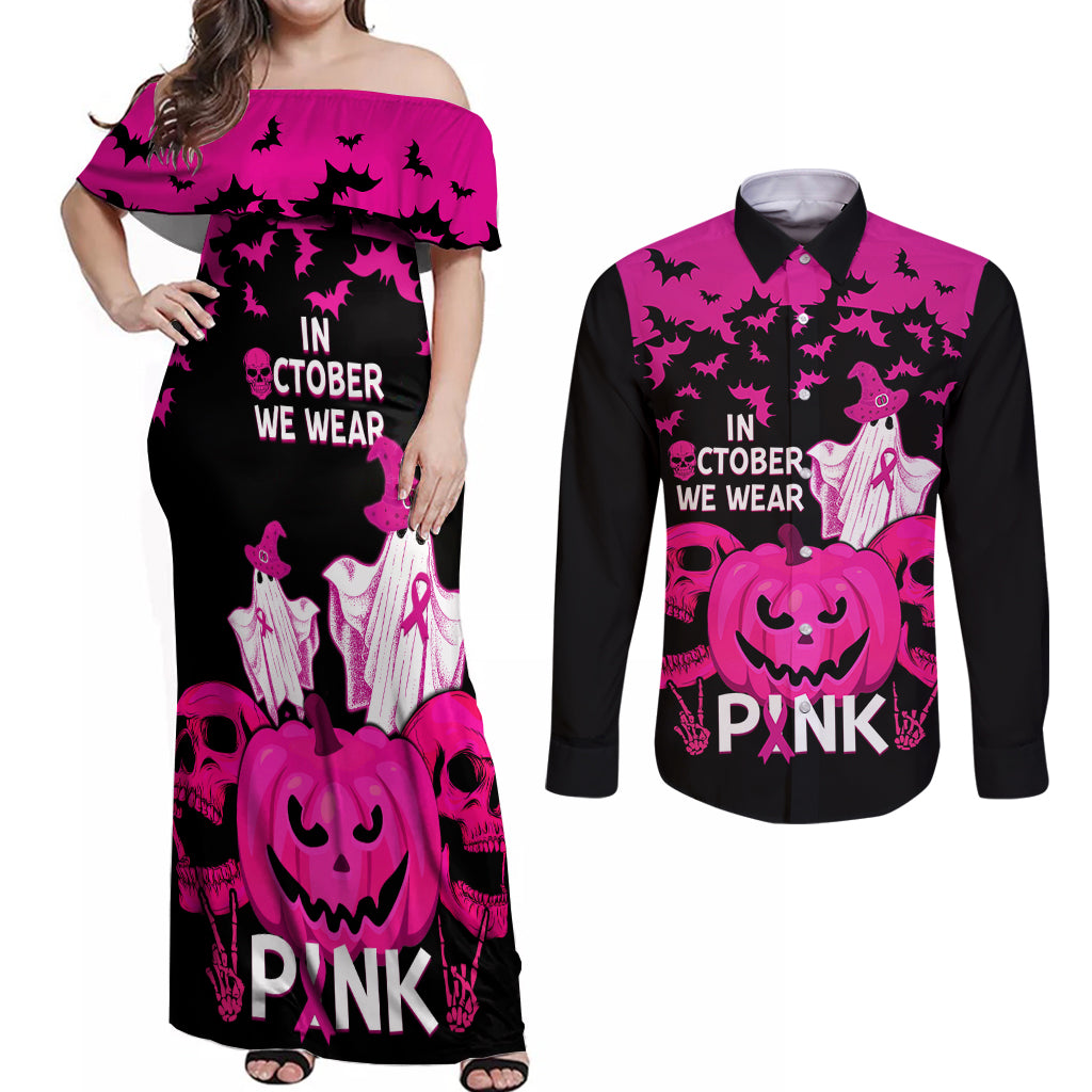 in-october-we-wear-pink-breast-cancer-couples-matching-off-shoulder-maxi-dress-and-long-sleeve-button-shirts-halloween-skull-with-pumkin-black-version