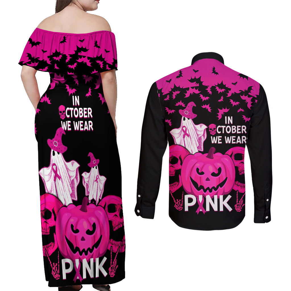 in-october-we-wear-pink-breast-cancer-couples-matching-off-shoulder-maxi-dress-and-long-sleeve-button-shirts-halloween-skull-with-pumkin-black-version