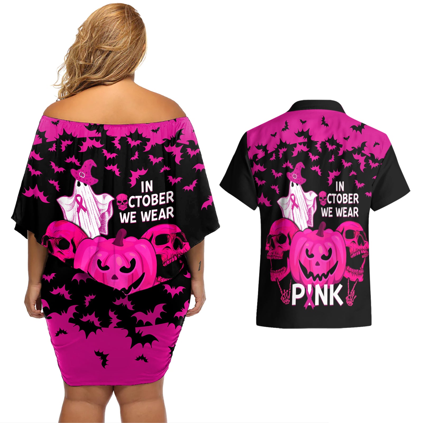 in-october-we-wear-pink-breast-cancer-couples-matching-off-shoulder-short-dress-and-hawaiian-shirt-halloween-skull-with-pumkin-black-version