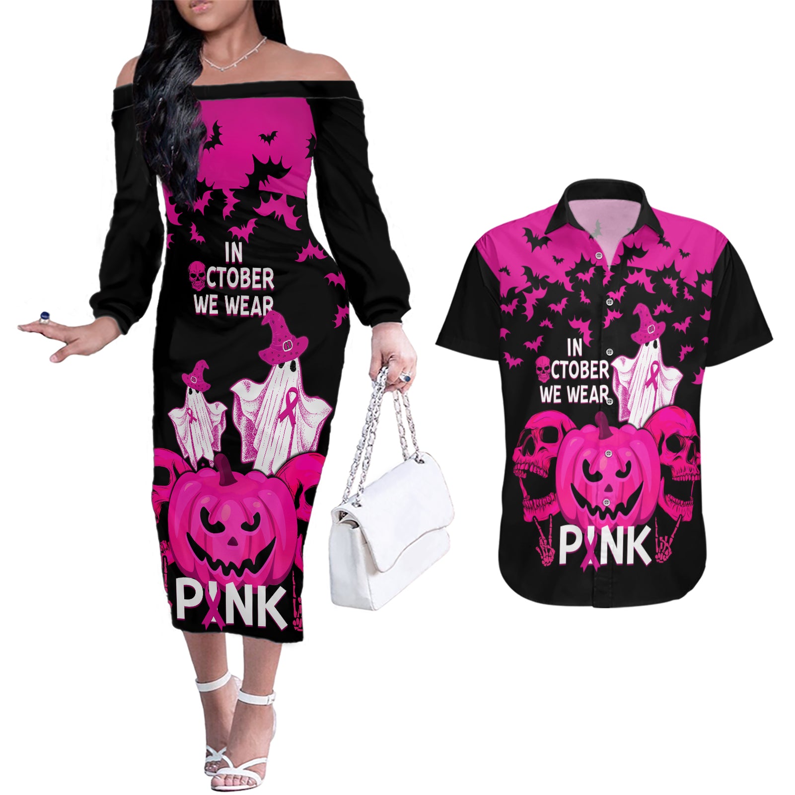 in-october-we-wear-pink-breast-cancer-couples-matching-off-the-shoulder-long-sleeve-dress-and-hawaiian-shirt-halloween-skull-with-pumkin-black-version