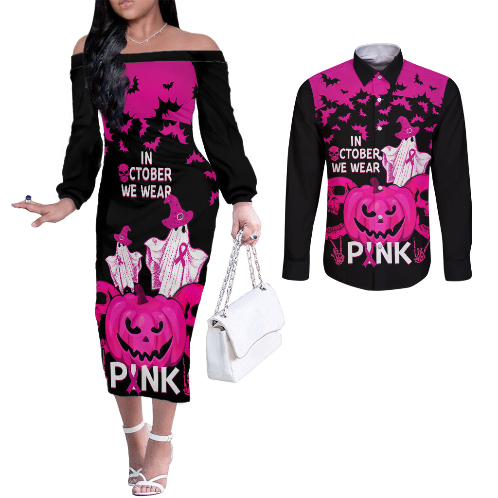 in-october-we-wear-pink-breast-cancer-couples-matching-off-the-shoulder-long-sleeve-dress-and-long-sleeve-button-shirts-halloween-skull-with-pumkin-black-version