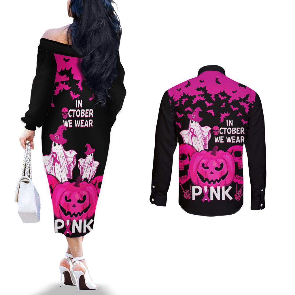 in-october-we-wear-pink-breast-cancer-couples-matching-off-the-shoulder-long-sleeve-dress-and-long-sleeve-button-shirts-halloween-skull-with-pumkin-black-version