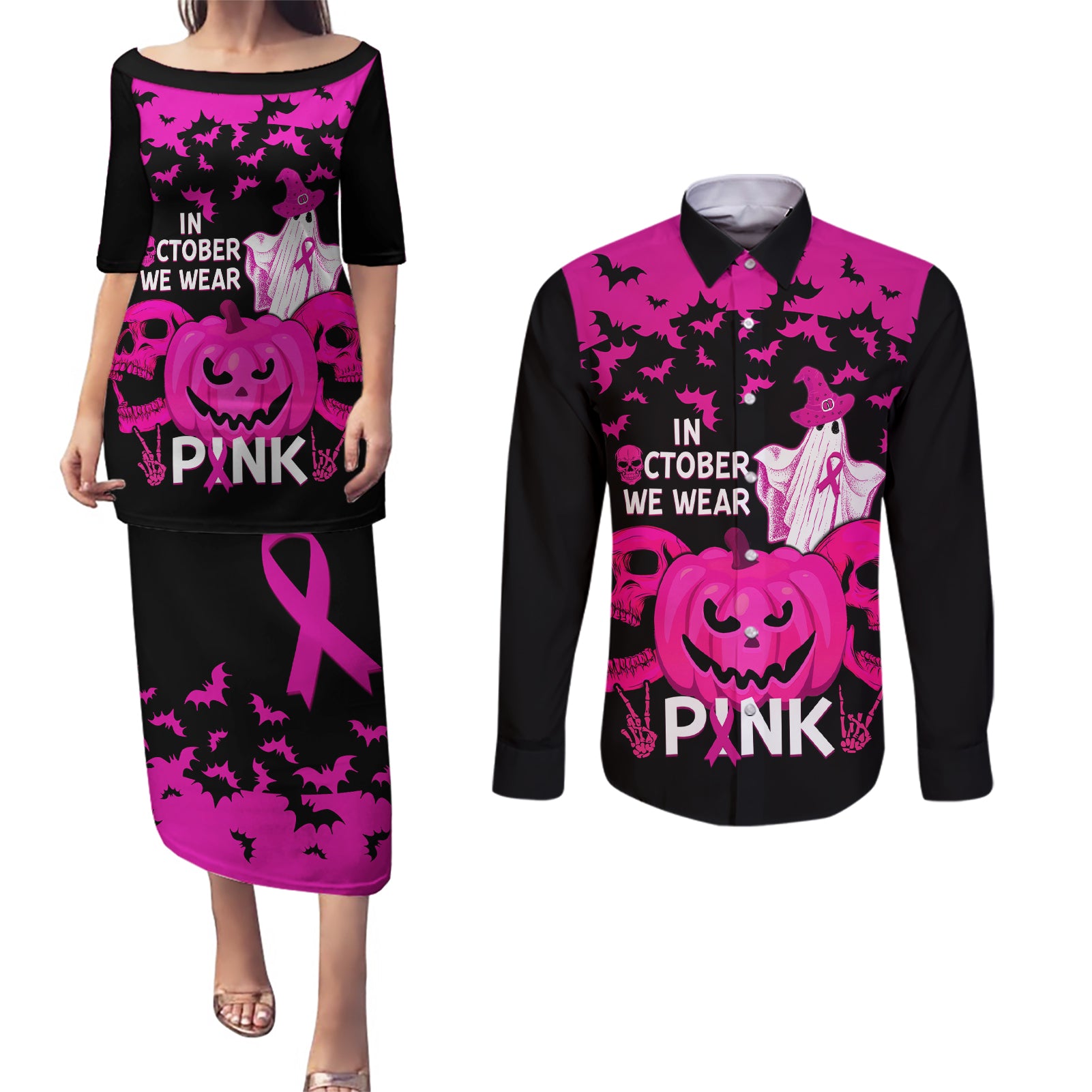 in-october-we-wear-pink-breast-cancer-couples-matching-puletasi-dress-and-long-sleeve-button-shirts-halloween-skull-with-pumkin-black-version