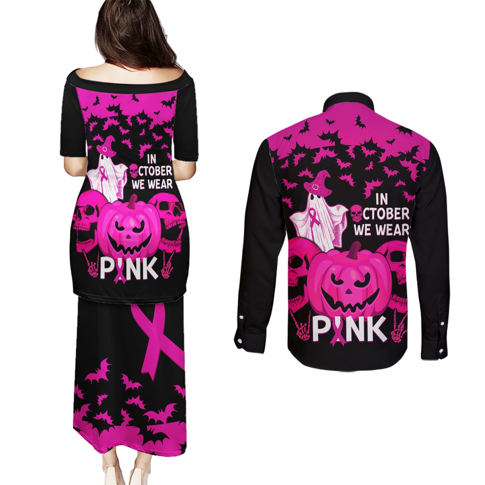 in-october-we-wear-pink-breast-cancer-couples-matching-puletasi-dress-and-long-sleeve-button-shirts-halloween-skull-with-pumkin-black-version