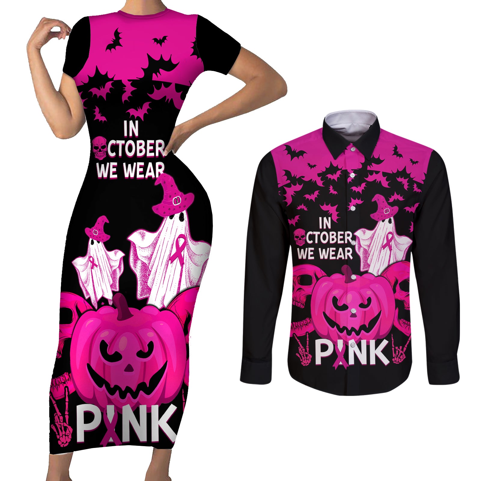 in-october-we-wear-pink-breast-cancer-couples-matching-short-sleeve-bodycon-dress-and-long-sleeve-button-shirts-halloween-skull-with-pumkin-black-version