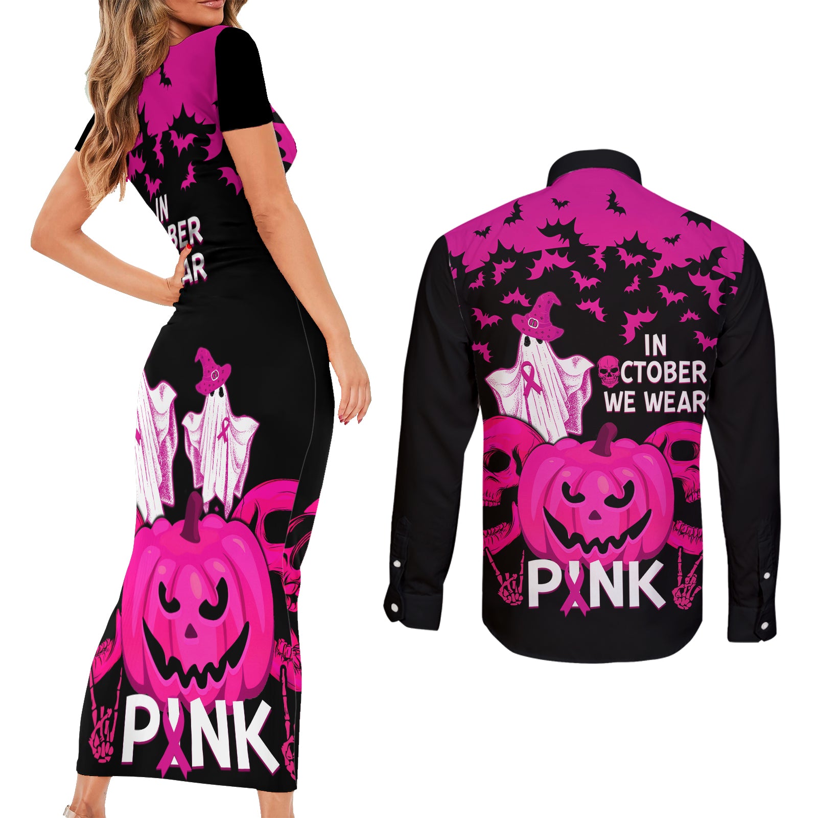 in-october-we-wear-pink-breast-cancer-couples-matching-short-sleeve-bodycon-dress-and-long-sleeve-button-shirts-halloween-skull-with-pumkin-black-version