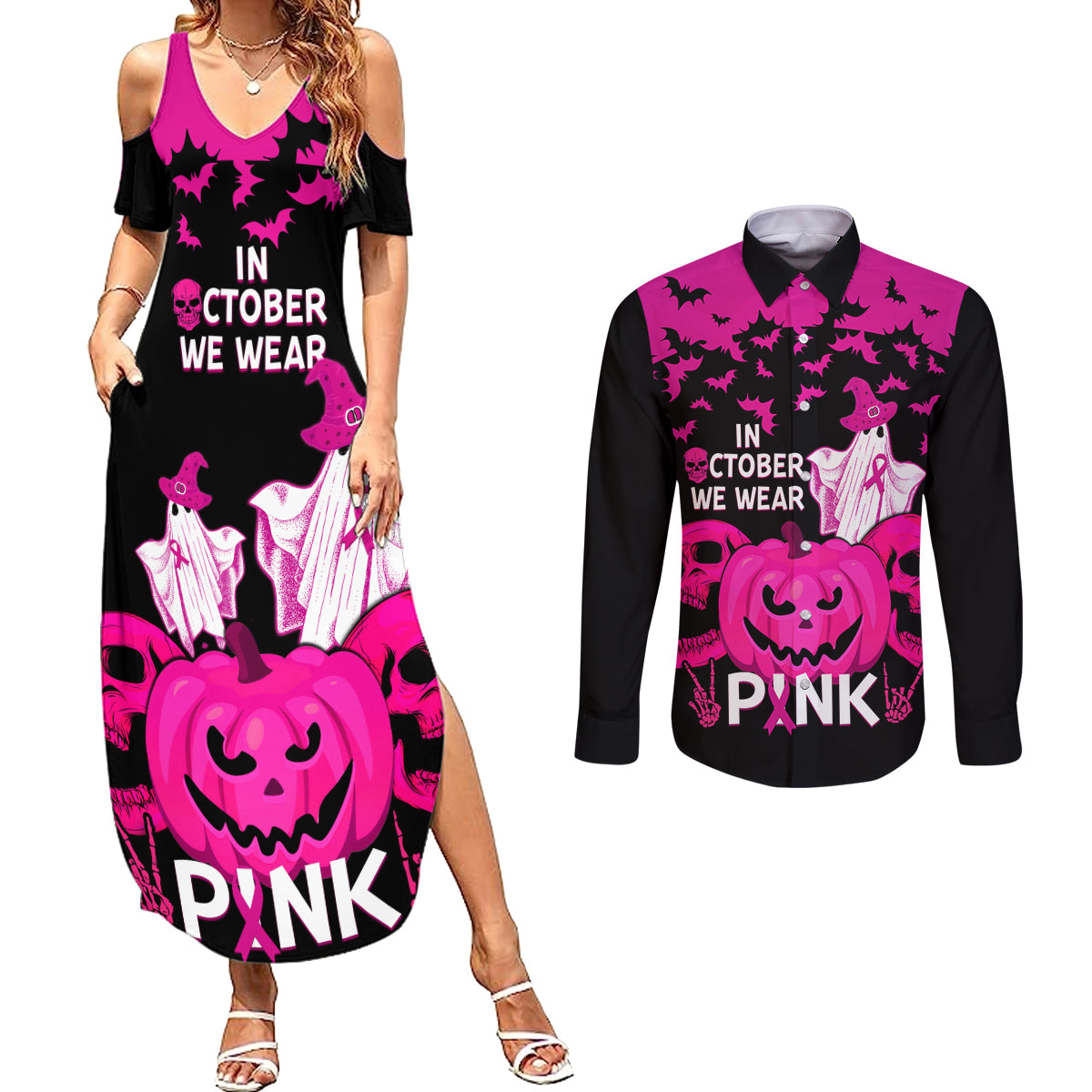 in-october-we-wear-pink-breast-cancer-couples-matching-summer-maxi-dress-and-long-sleeve-button-shirts-halloween-skull-with-pumkin-black-version