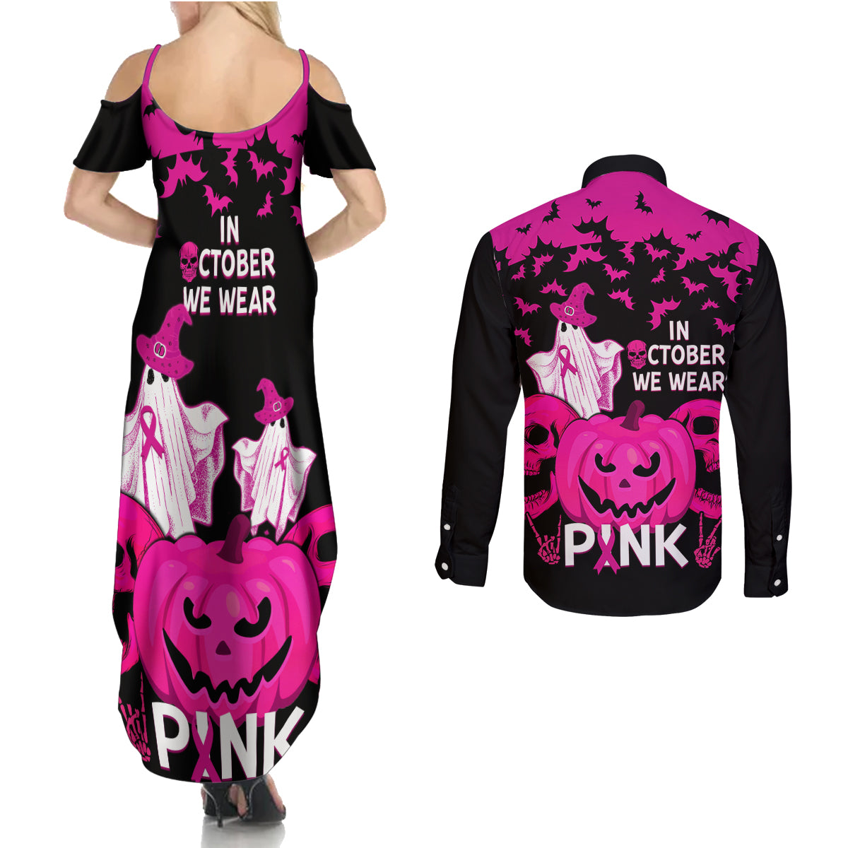 in-october-we-wear-pink-breast-cancer-couples-matching-summer-maxi-dress-and-long-sleeve-button-shirts-halloween-skull-with-pumkin-black-version