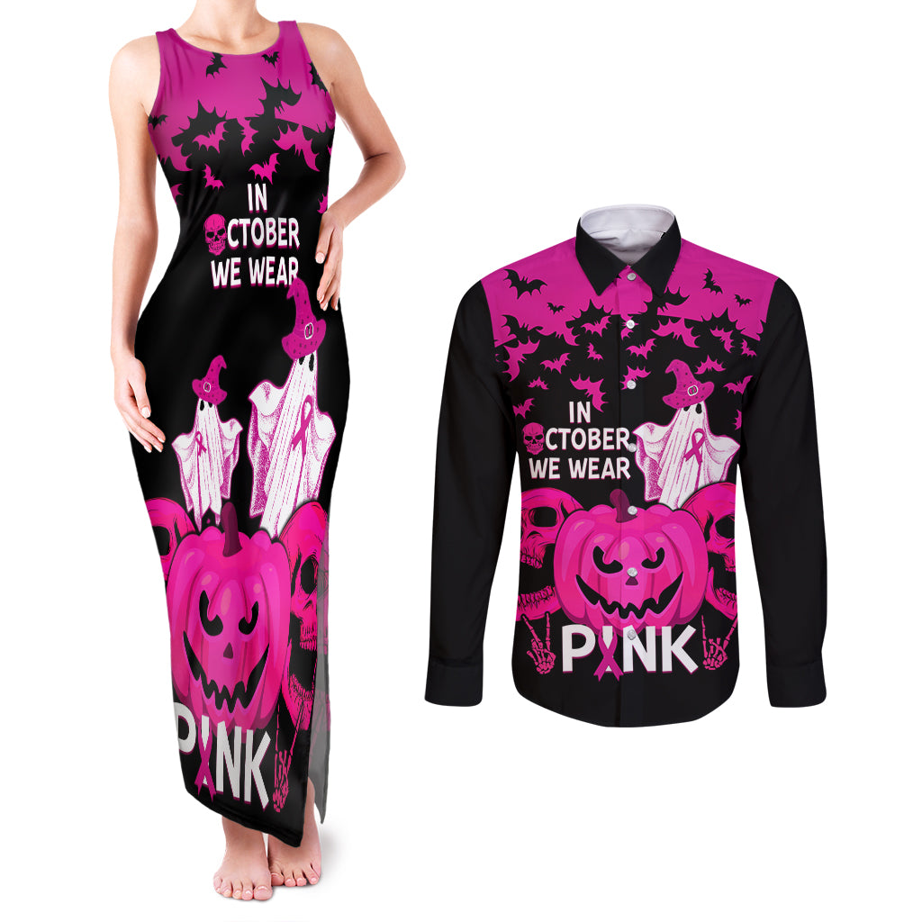 in-october-we-wear-pink-breast-cancer-couples-matching-tank-maxi-dress-and-long-sleeve-button-shirts-halloween-skull-with-pumkin-black-version