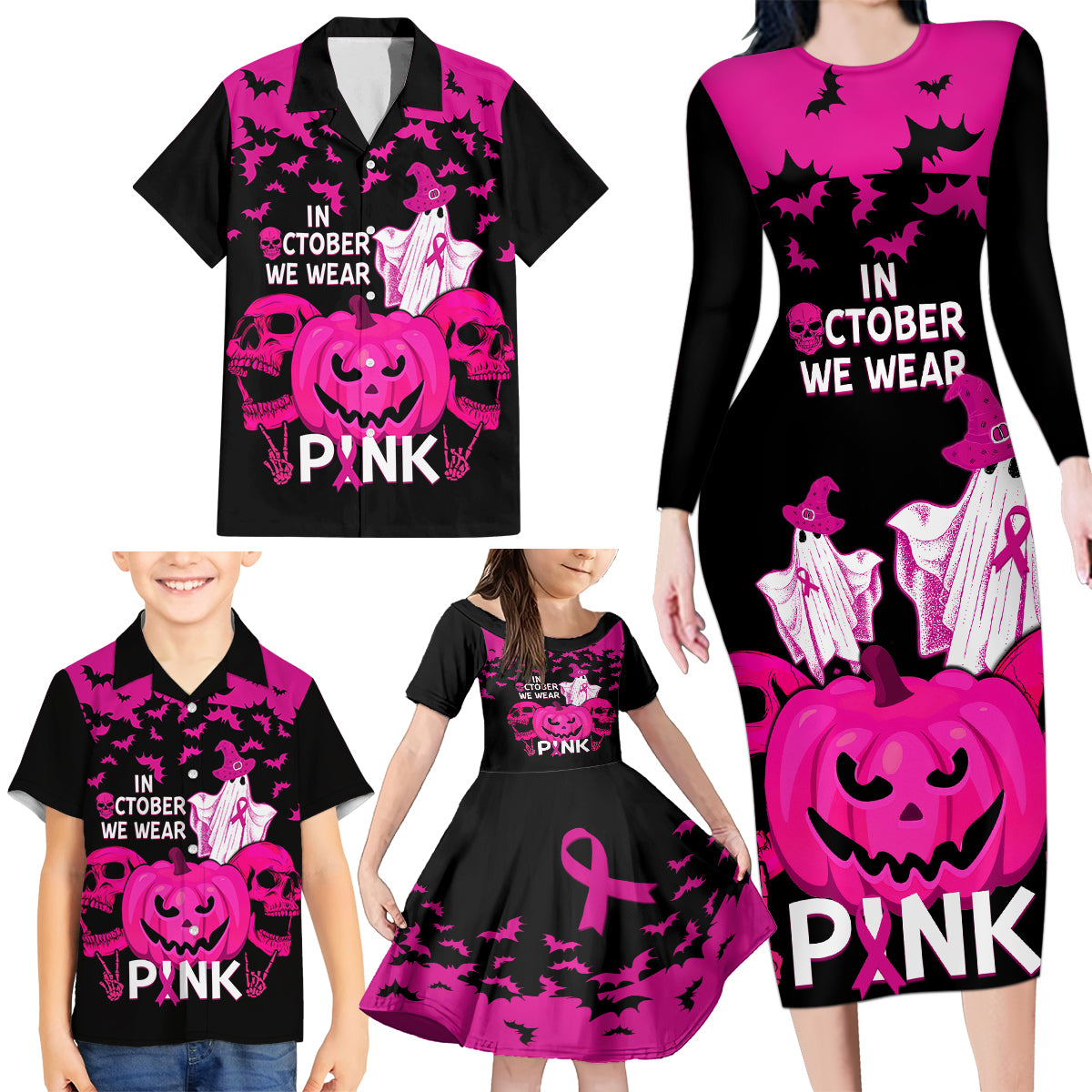 in-october-we-wear-pink-breast-cancer-family-matching-long-sleeve-bodycon-dress-and-hawaiian-shirt-halloween-skull-with-pumkin-black-version