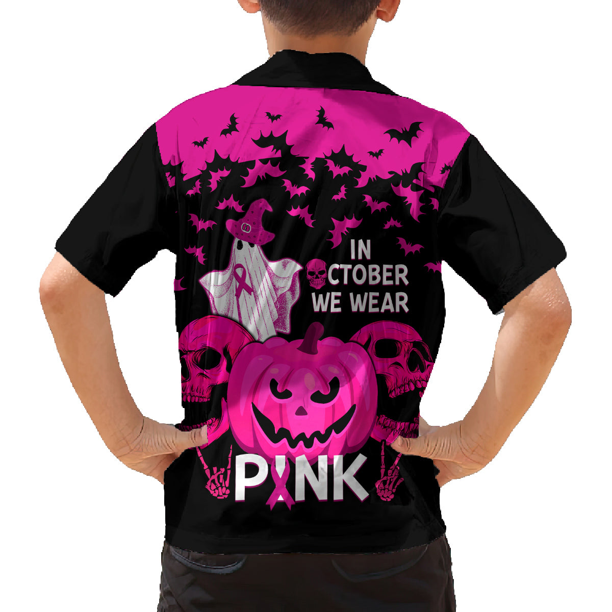 in-october-we-wear-pink-breast-cancer-family-matching-long-sleeve-bodycon-dress-and-hawaiian-shirt-halloween-skull-with-pumkin-black-version