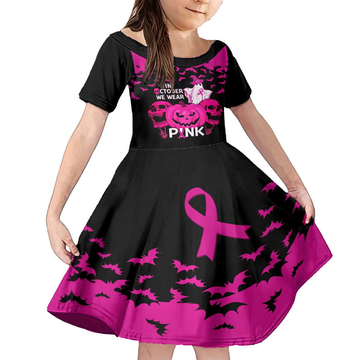 in-october-we-wear-pink-breast-cancer-family-matching-long-sleeve-bodycon-dress-and-hawaiian-shirt-halloween-skull-with-pumkin-black-version