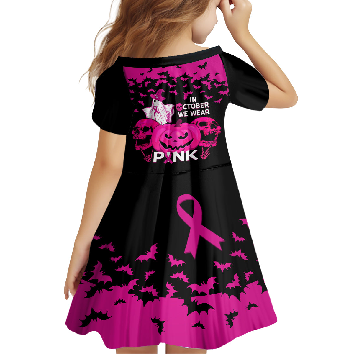 in-october-we-wear-pink-breast-cancer-family-matching-long-sleeve-bodycon-dress-and-hawaiian-shirt-halloween-skull-with-pumkin-black-version