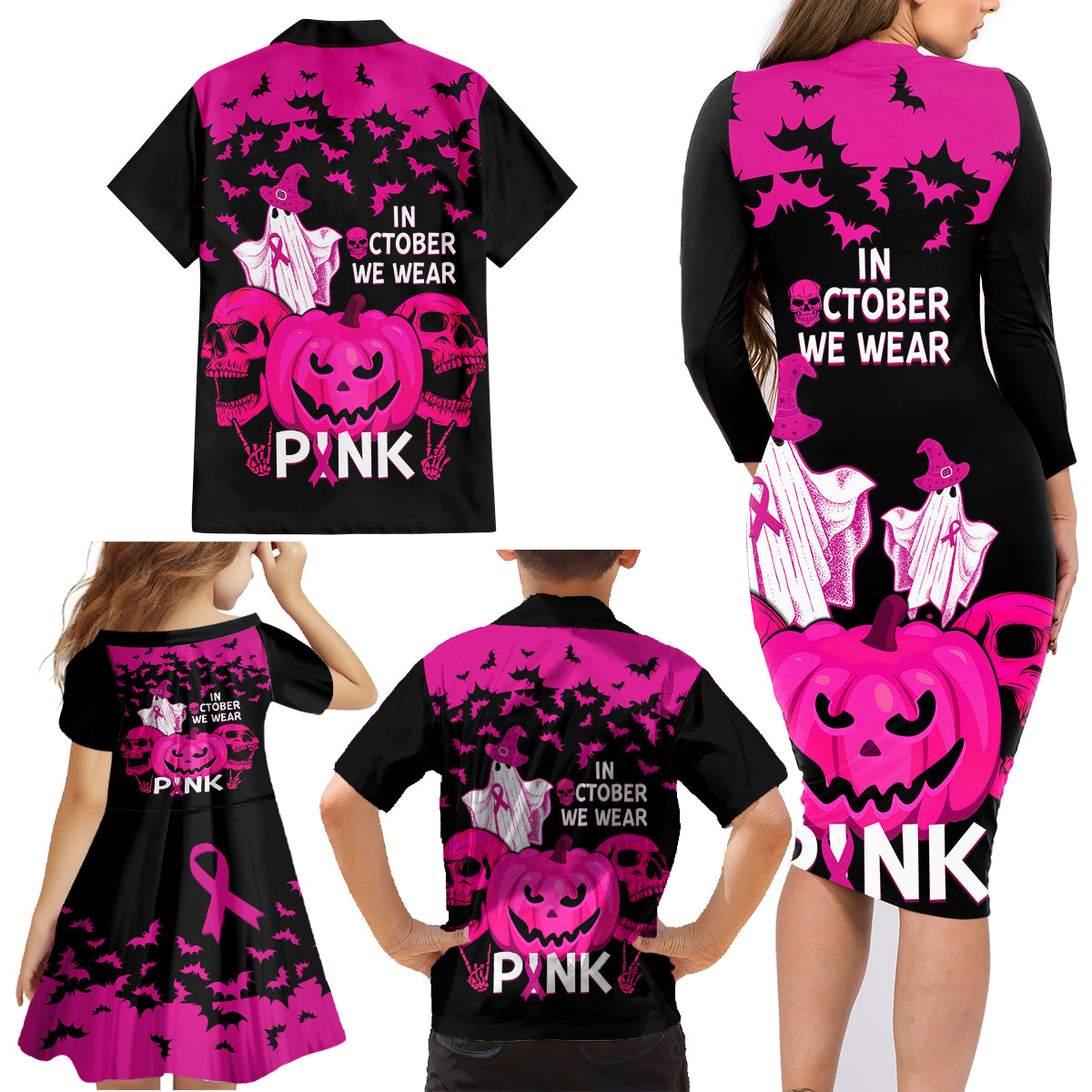 in-october-we-wear-pink-breast-cancer-family-matching-long-sleeve-bodycon-dress-and-hawaiian-shirt-halloween-skull-with-pumkin-black-version