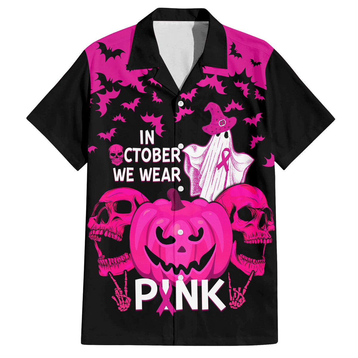 in-october-we-wear-pink-breast-cancer-family-matching-long-sleeve-bodycon-dress-and-hawaiian-shirt-halloween-skull-with-pumkin-black-version