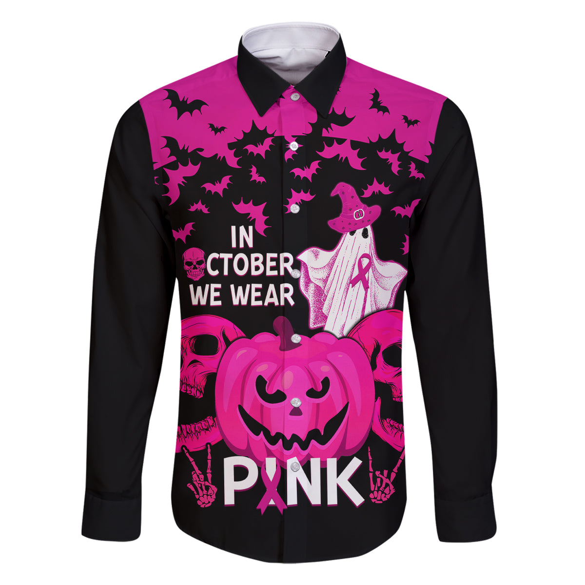 in-october-we-wear-pink-breast-cancer-family-matching-long-sleeve-bodycon-dress-and-hawaiian-shirt-halloween-skull-with-pumkin-black-version