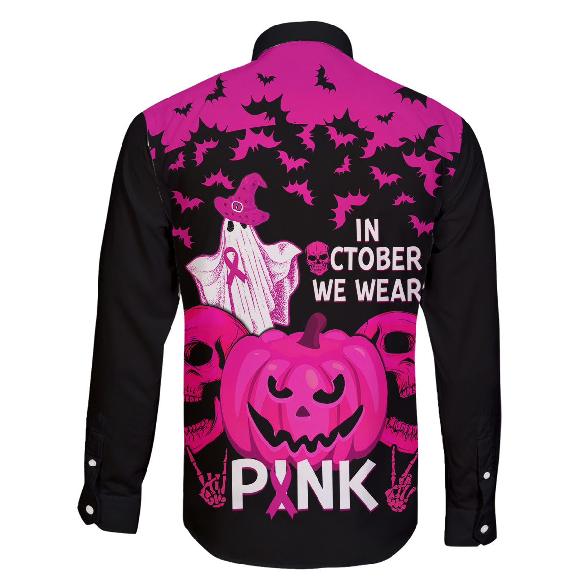 in-october-we-wear-pink-breast-cancer-family-matching-long-sleeve-bodycon-dress-and-hawaiian-shirt-halloween-skull-with-pumkin-black-version