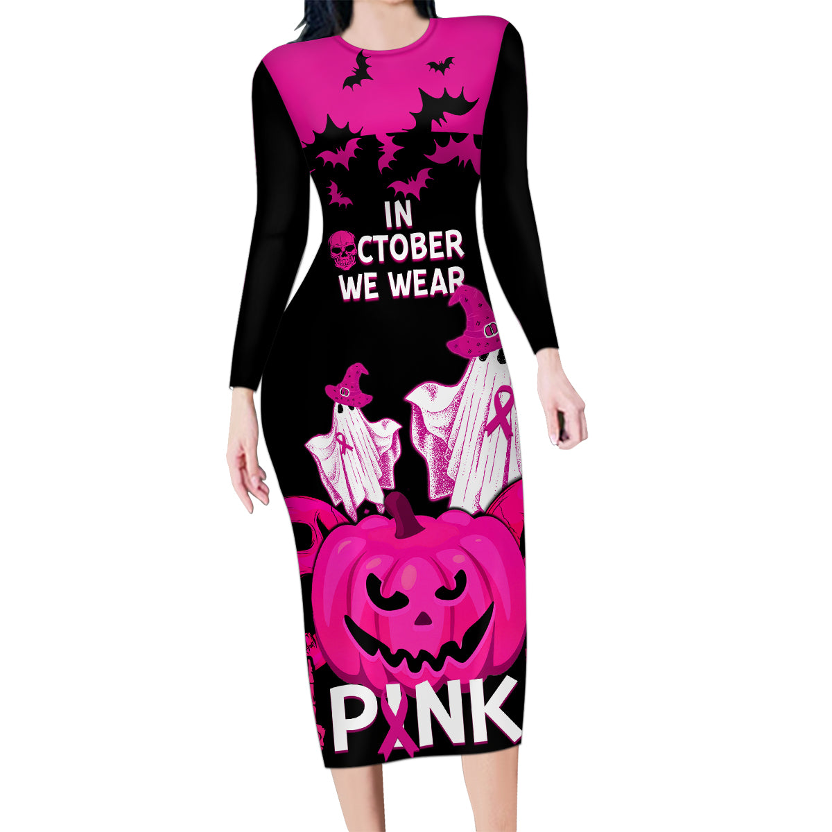 in-october-we-wear-pink-breast-cancer-family-matching-long-sleeve-bodycon-dress-and-hawaiian-shirt-halloween-skull-with-pumkin-black-version