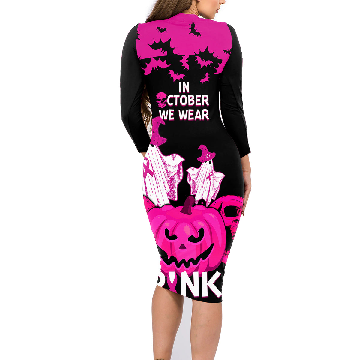 in-october-we-wear-pink-breast-cancer-family-matching-long-sleeve-bodycon-dress-and-hawaiian-shirt-halloween-skull-with-pumkin-black-version