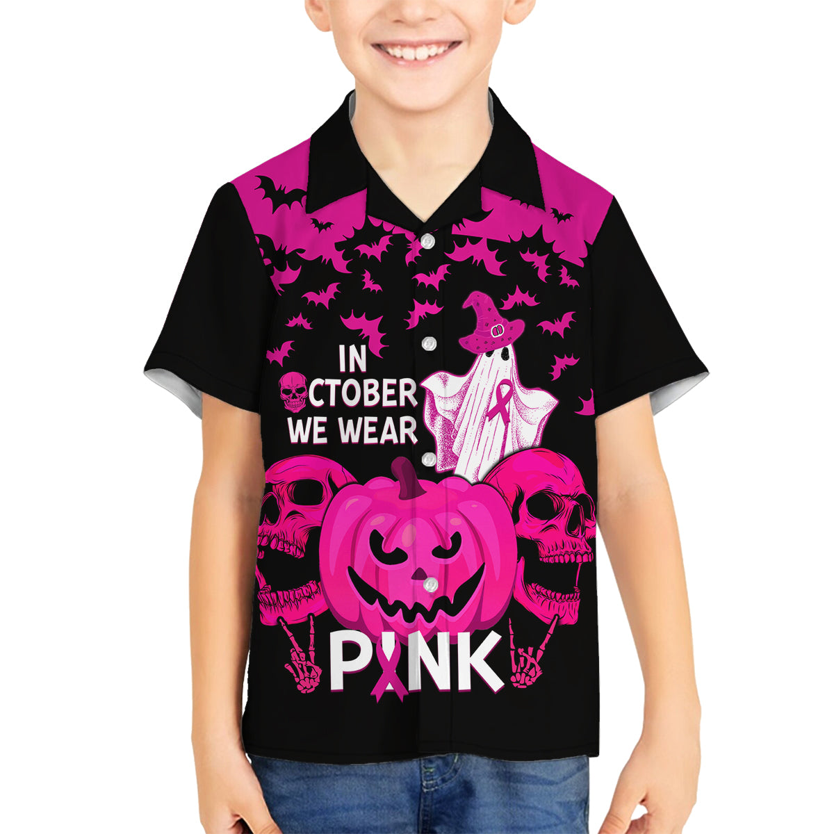 in-october-we-wear-pink-breast-cancer-family-matching-long-sleeve-bodycon-dress-and-hawaiian-shirt-halloween-skull-with-pumkin-black-version