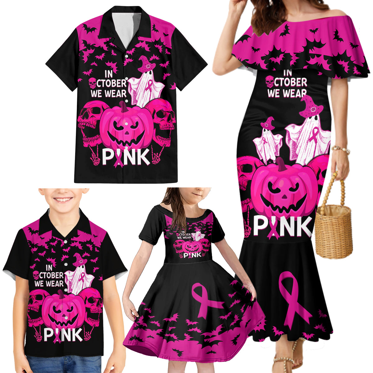 in-october-we-wear-pink-breast-cancer-family-matching-mermaid-dress-and-hawaiian-shirt-halloween-skull-with-pumkin-black-version