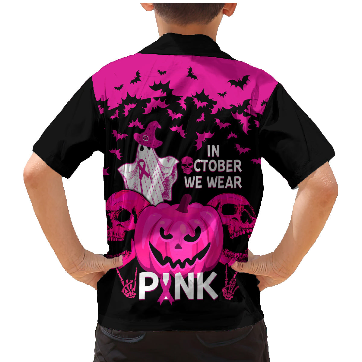 in-october-we-wear-pink-breast-cancer-family-matching-mermaid-dress-and-hawaiian-shirt-halloween-skull-with-pumkin-black-version