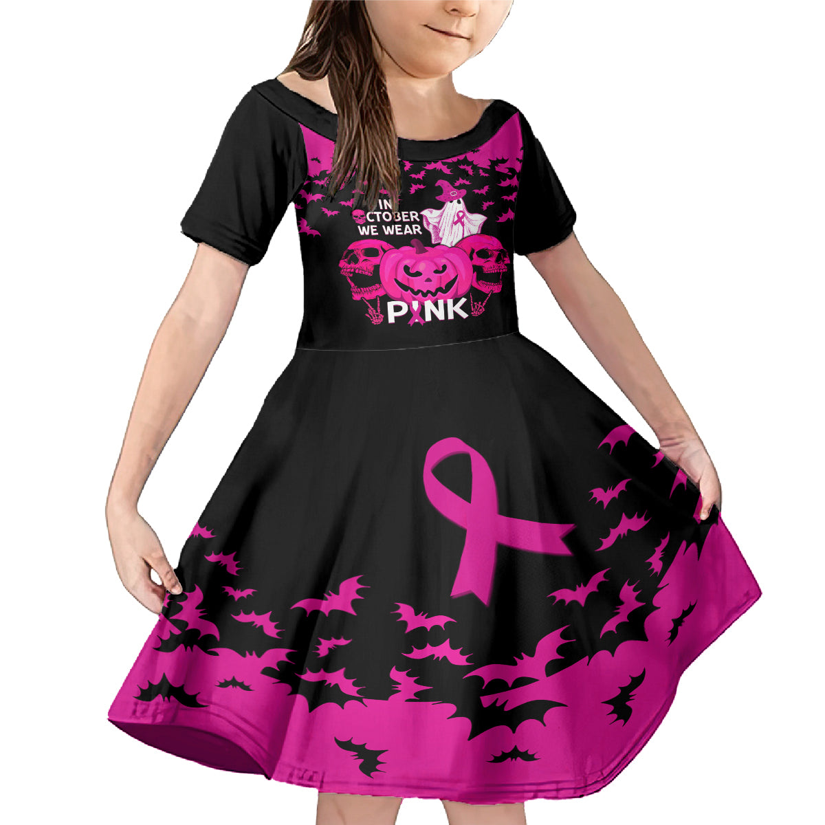 in-october-we-wear-pink-breast-cancer-family-matching-mermaid-dress-and-hawaiian-shirt-halloween-skull-with-pumkin-black-version