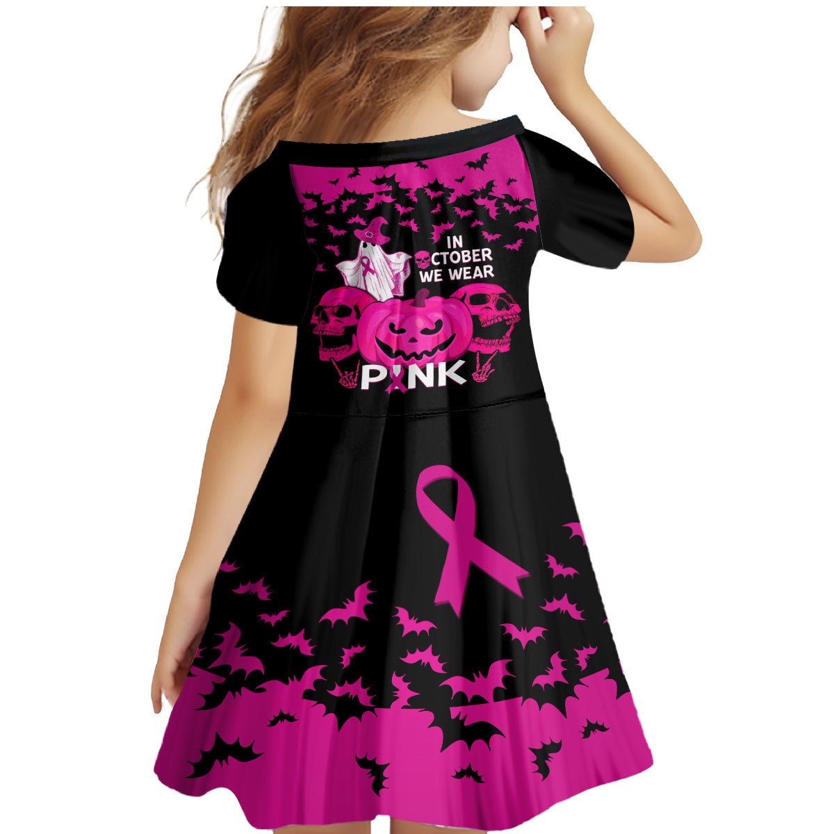 in-october-we-wear-pink-breast-cancer-family-matching-mermaid-dress-and-hawaiian-shirt-halloween-skull-with-pumkin-black-version