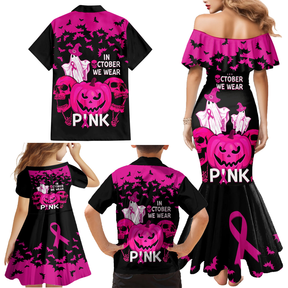 in-october-we-wear-pink-breast-cancer-family-matching-mermaid-dress-and-hawaiian-shirt-halloween-skull-with-pumkin-black-version