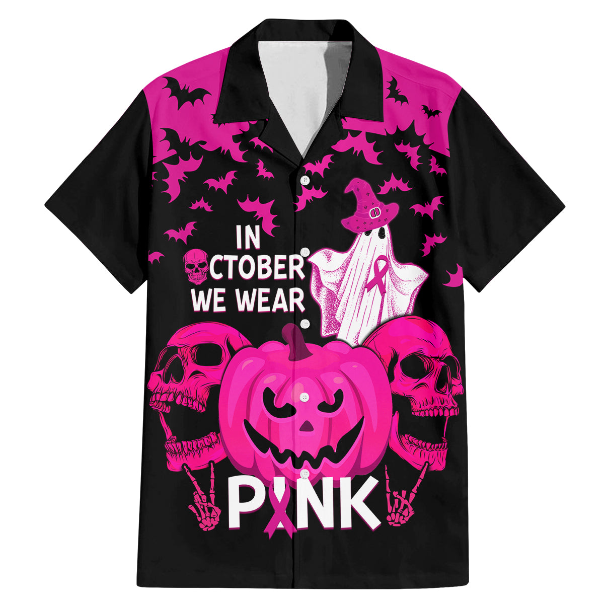 in-october-we-wear-pink-breast-cancer-family-matching-mermaid-dress-and-hawaiian-shirt-halloween-skull-with-pumkin-black-version