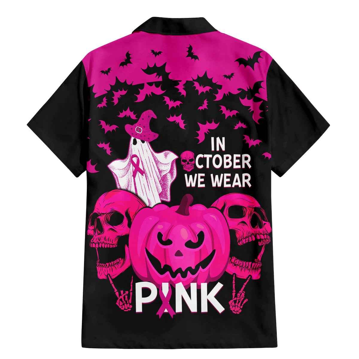 in-october-we-wear-pink-breast-cancer-family-matching-mermaid-dress-and-hawaiian-shirt-halloween-skull-with-pumkin-black-version