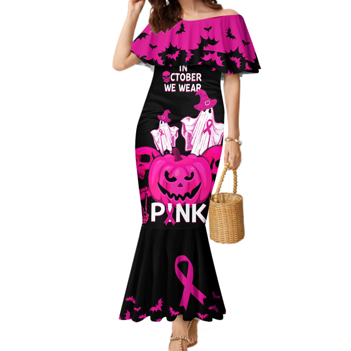 in-october-we-wear-pink-breast-cancer-family-matching-mermaid-dress-and-hawaiian-shirt-halloween-skull-with-pumkin-black-version