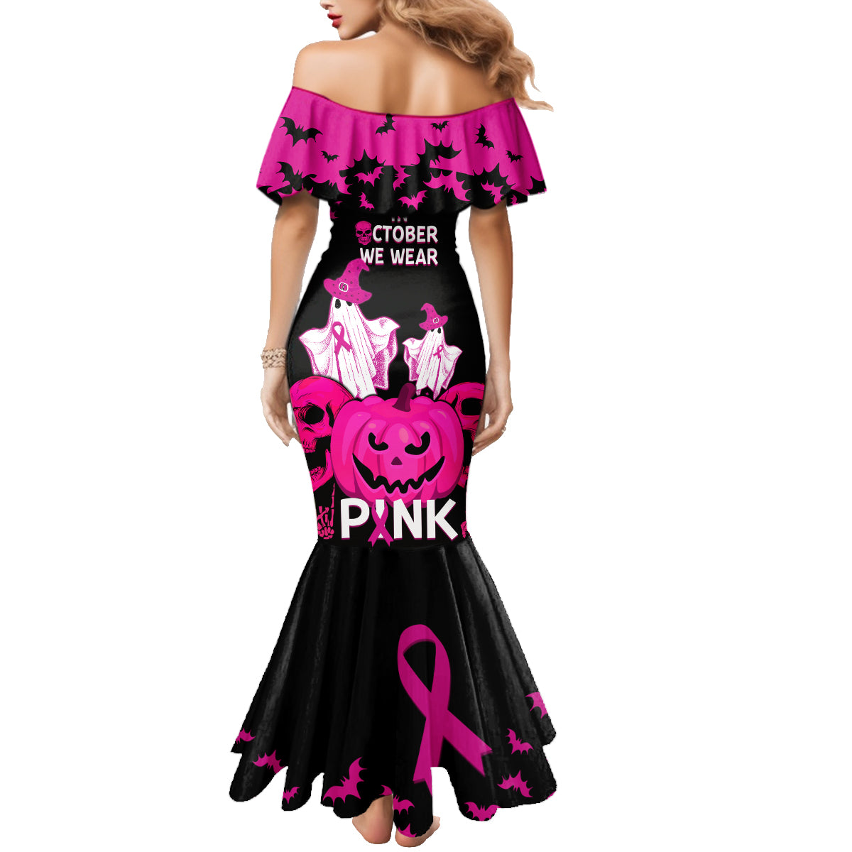 in-october-we-wear-pink-breast-cancer-family-matching-mermaid-dress-and-hawaiian-shirt-halloween-skull-with-pumkin-black-version