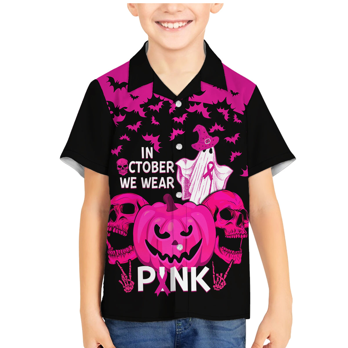 in-october-we-wear-pink-breast-cancer-family-matching-mermaid-dress-and-hawaiian-shirt-halloween-skull-with-pumkin-black-version