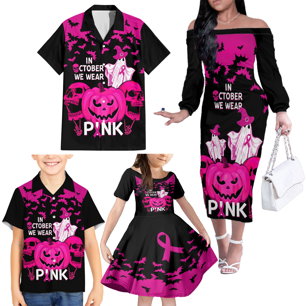 in-october-we-wear-pink-breast-cancer-family-matching-off-shoulder-long-sleeve-dress-and-hawaiian-shirt-halloween-skull-with-pumkin-black-version