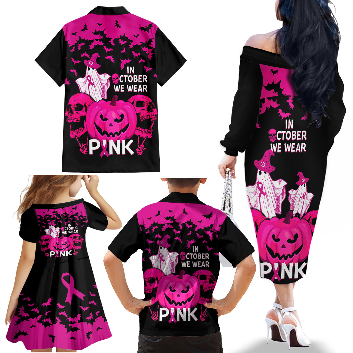 in-october-we-wear-pink-breast-cancer-family-matching-off-shoulder-long-sleeve-dress-and-hawaiian-shirt-halloween-skull-with-pumkin-black-version