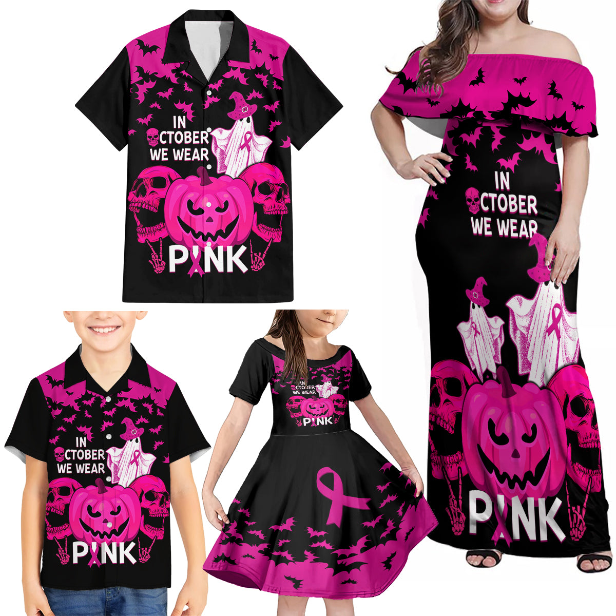 in-october-we-wear-pink-breast-cancer-family-matching-off-shoulder-maxi-dress-and-hawaiian-shirt-halloween-skull-with-pumkin-black-version